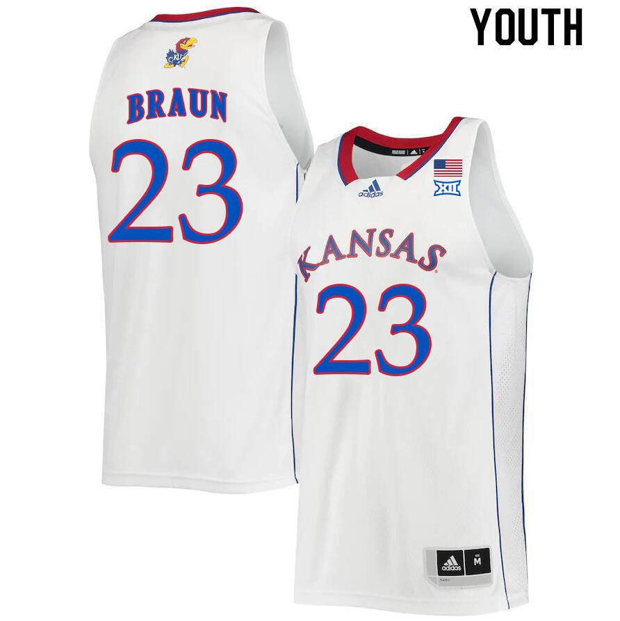 Youth #23 Parker Braun Kansas Jayhawks College Basketball Jerseys Stitched Sale-White - Click Image to Close